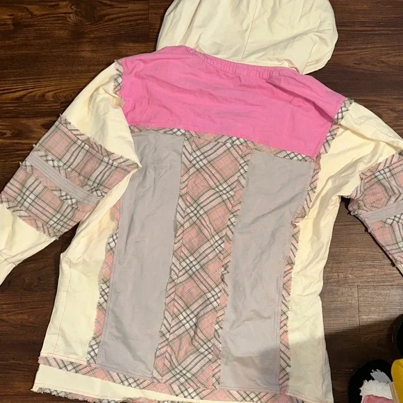 Plaid Patchwork Pink and Cream Women's Hoodie - Picture 5 of 5